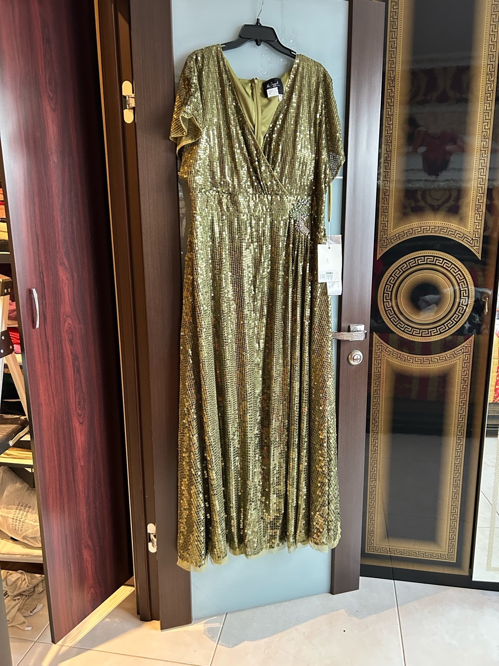 Mac Duggal Gold Sequin Wrap Maxi Dress